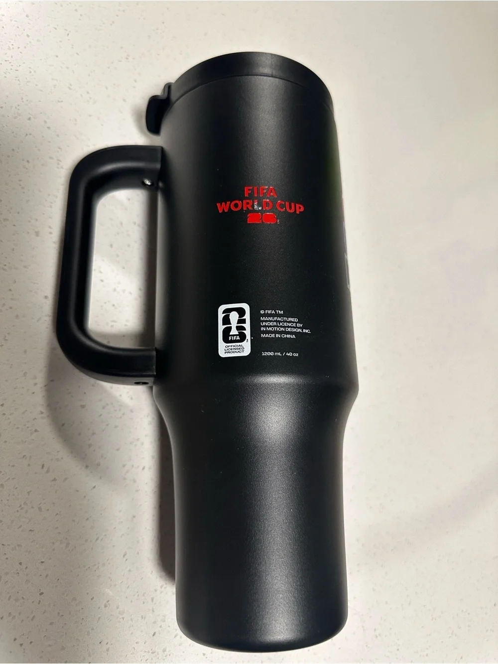 Official FIFA Black 40 oz. Travel Mug with Handle - CAN MEX USA World Cup Design